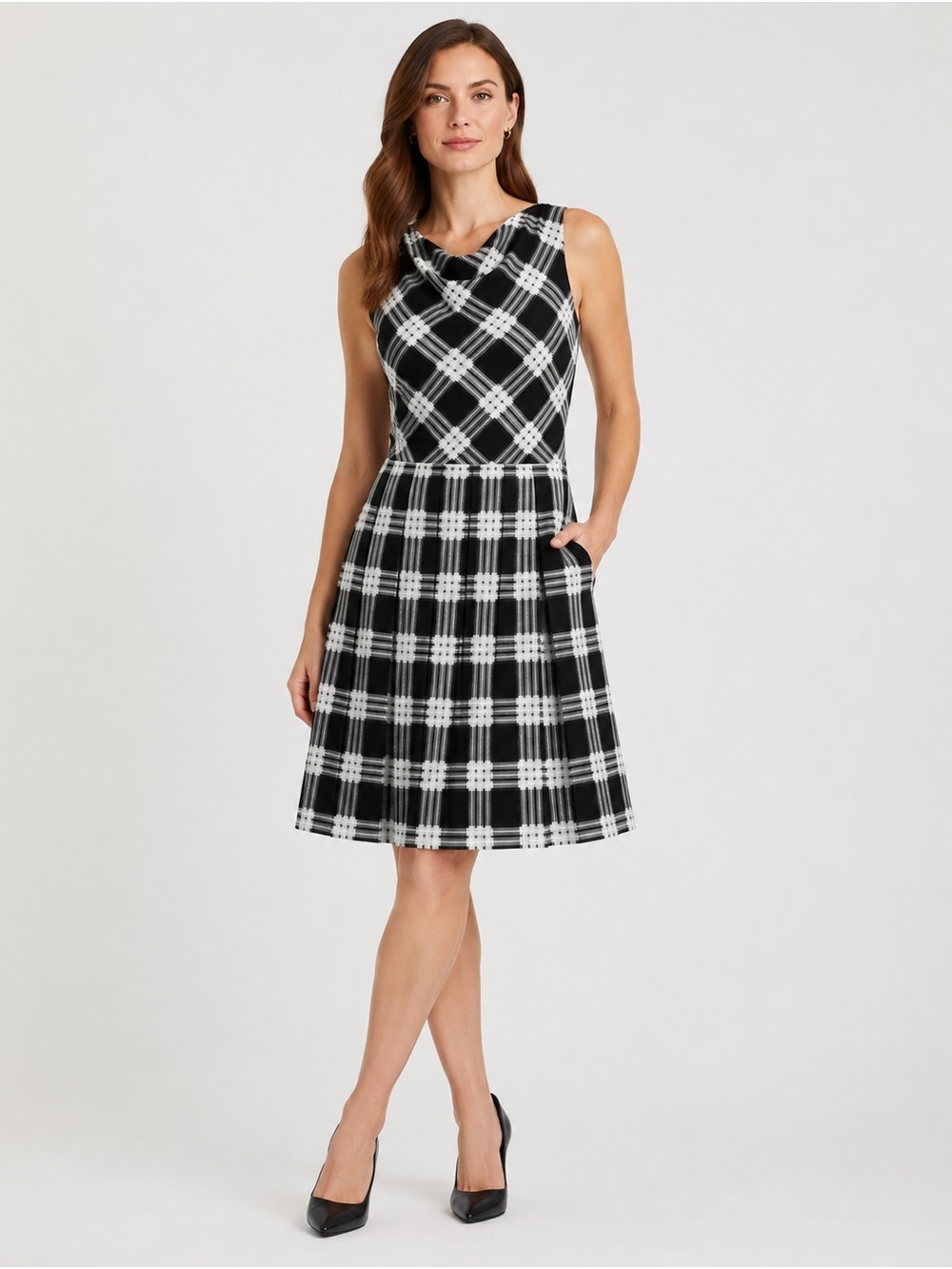 Antonio Melani Plaid Fit & Flare Dress Black Ivory Draped Neck Size 2